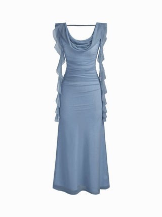 Cowl Neck Solid Ruffle Hem Ruched Maxi Dress