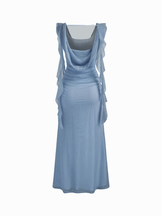 Cowl Neck Solid Ruffle Hem Ruched Maxi Dress