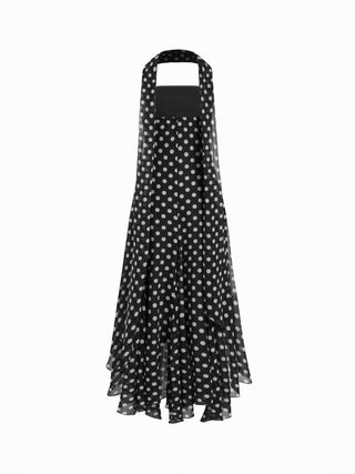 Chiffon Halter Neckline Polka Dot Ruffled Hem Ruched Maxi Dress