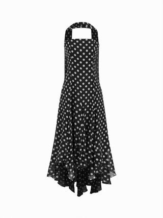 Chiffon Halter Neckline Polka Dot Ruffled Hem Ruched Maxi Dress