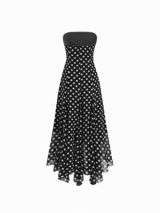 Chiffon Halter Neckline Polka Dot Ruffled Hem Ruched Maxi Dress