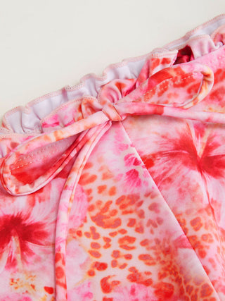 Knit Fabric Halter Floral & Leopard Lettuce Trim Triangle Bikini Set For Vacation Holiday Beach