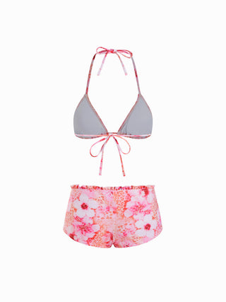 Knit Fabric Halter Floral & Leopard Lettuce Trim Triangle Bikini Set For Vacation Holiday Beach