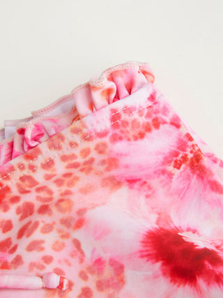 Knit Fabric Halter Floral & Leopard Lettuce Trim Triangle Bikini Set For Vacation Holiday Beach
