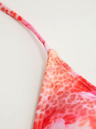 Knit Fabric Halter Floral & Leopard Lettuce Trim Triangle Bikini Set For Vacation Holiday Beach