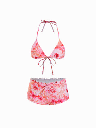 Knit Fabric Halter Floral & Leopard Lettuce Trim Triangle Bikini Set For Vacation Holiday Beach