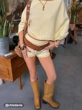 Knit Boat Neck Cloak Top & Lettuce Trim Shorts Set
