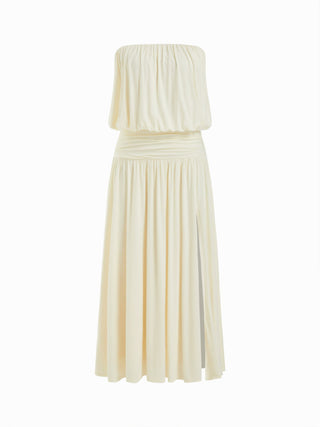 Draped Strapless Ruched Side Slit Flared Maxi Dress
