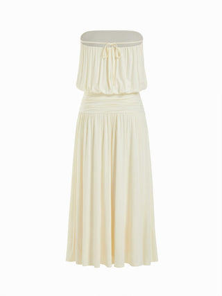 Draped Strapless Ruched Side Slit Flared Maxi Dress