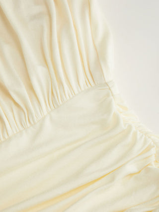 Draped Strapless Ruched Side Slit Flared Maxi Dress