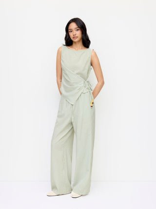 Woven Cotton-blend Boat Neck Wrap Top & Mid Rise Wide Leg Trousers Set For Daily Casual Coffee Shop