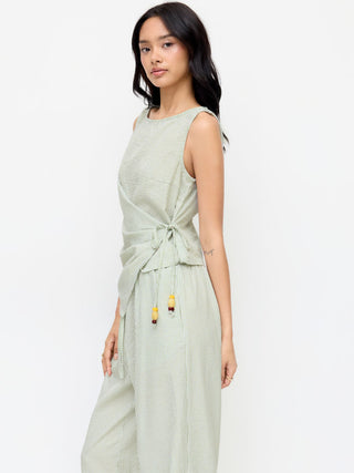 Woven Cotton-blend Boat Neck Wrap Top & Mid Rise Wide Leg Trousers Set For Daily Casual Coffee Shop