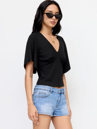 V-neck Ruched Short Bell Sleeve Top