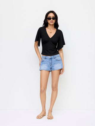 V-neck Ruched Short Bell Sleeve Top