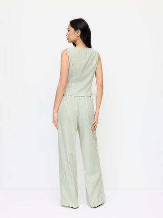 Woven Cotton-blend Boat Neck Wrap Top & Mid Rise Wide Leg Trousers Set For Daily Casual Coffee Shop
