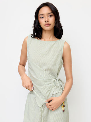 Woven Cotton-blend Boat Neck Wrap Top & Mid Rise Wide Leg Trousers Set For Daily Casual Coffee Shop