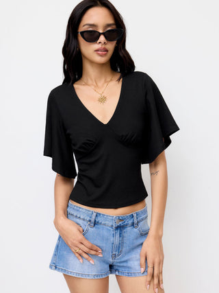 V-neck Ruched Short Bell Sleeve Top