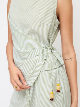 Woven Cotton-blend Boat Neck Wrap Top & Mid Rise Wide Leg Trousers Set For Daily Casual Coffee Shop