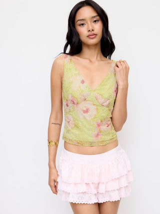 V-neck Floral Embroidery Sheer Tank Top