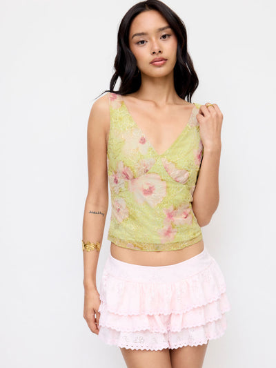 V-neck Floral Embroidery Sheer Tank Top