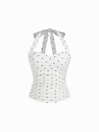 Cotton Polka Dot Halter Neck Ruched Tie Back Top