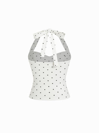 Cotton Polka Dot Halter Neck Ruched Tie Back Top
