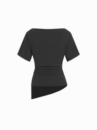 Cotton-blend Boat Neck Ruched Asymmetrical Hem Short Sleeve Tee