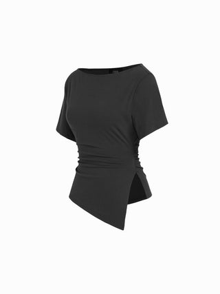 Cotton-blend Boat Neck Ruched Asymmetrical Hem Short Sleeve Tee