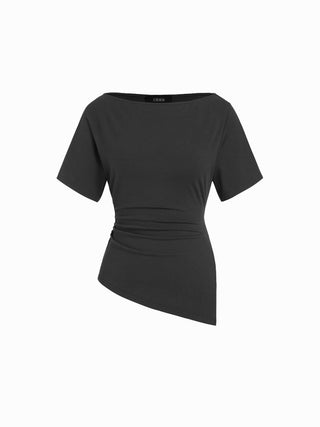 Cotton-blend Boat Neck Ruched Asymmetrical Hem Short Sleeve Tee