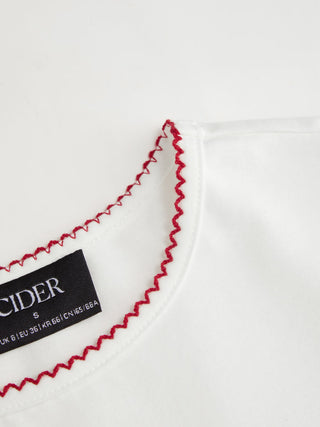 Cotton-blend Contrast Stitch Ruched Puff Sleeve Tee