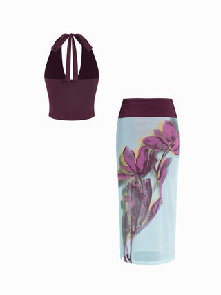 Mesh Halter Neckline Top & Mid Rise Floral Ruched Pencil Maxi Skirt Set
