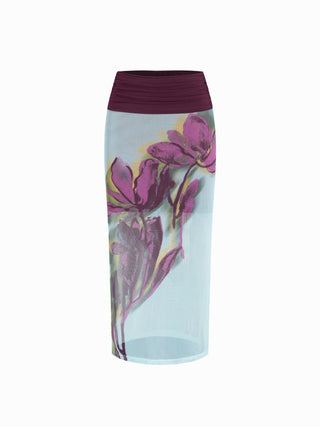 Mesh Halter Neckline Top & Mid Rise Floral Ruched Pencil Maxi Skirt Set