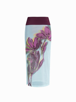 Mesh Halter Neckline Top & Mid Rise Floral Ruched Pencil Maxi Skirt Set