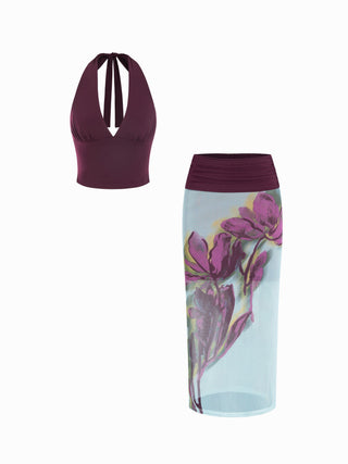 Mesh Halter Neckline Top & Mid Rise Floral Ruched Pencil Maxi Skirt Set