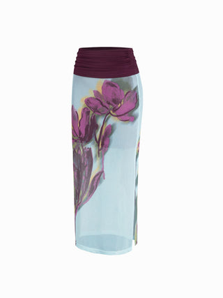Mesh Halter Neckline Top & Mid Rise Floral Ruched Pencil Maxi Skirt Set