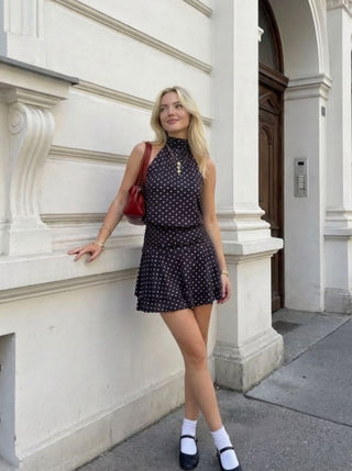 Chiffon Polka Dot Halter Neckline Ruffled Tie Back Mini Dress