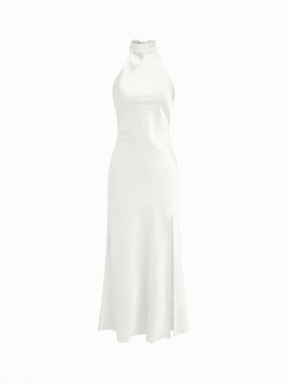 Satin Halter Neck Wrap High Rise Mermaid Maxi Dress