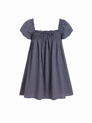 Woven Cotton-blend Gingham Shirred High Rise Mini Dress For Daily Casual