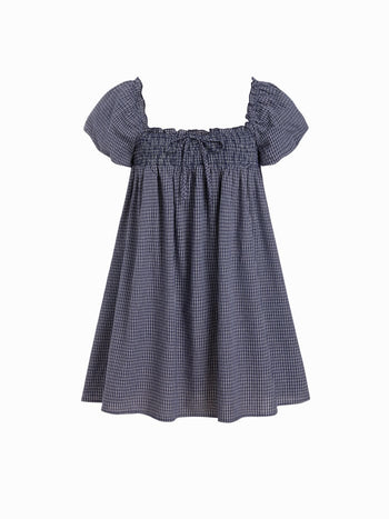 Woven Cotton-blend Gingham Shirred High Rise Mini Dress For Daily Casual