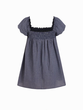 Woven Cotton-blend Gingham Shirred High Rise Mini Dress For Daily Casual