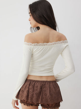 Off-shoulder Deer Graphic Pointelle Lace Panel Crop Tee