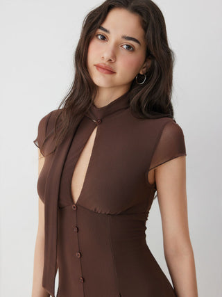 Mesh High Neck Short Sleeve Draped A-line Mini Dress With Scarf