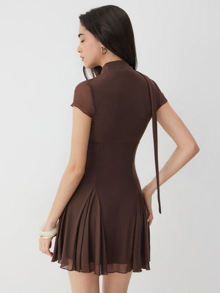 Mesh High Neck Short Sleeve Draped A-line Mini Dress With Scarf