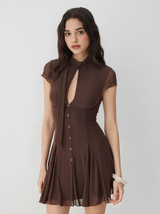 Mesh High Neck Short Sleeve Draped A-line Mini Dress With Scarf