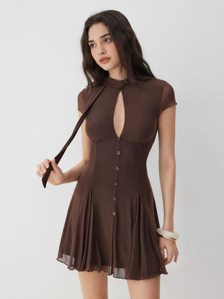 Mesh High Neck Short Sleeve Draped A-line Mini Dress With Scarf