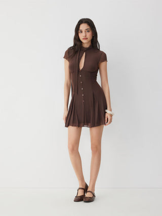 Mesh High Neck Short Sleeve Draped A-line Mini Dress With Scarf