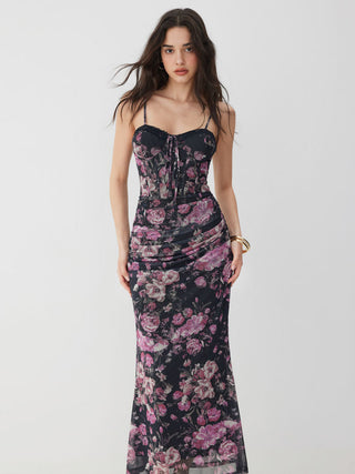 Mesh Sweetheart Neck Floral Ruched High Rise Maxi Dress