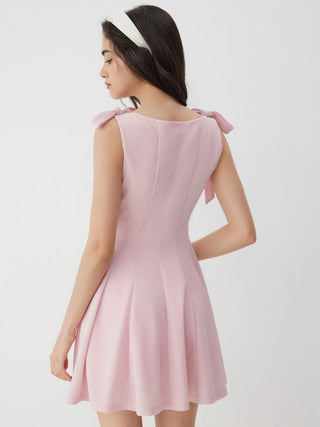 Bowknot Boat Neck Sleeveless Pleated Flared Mini Dress