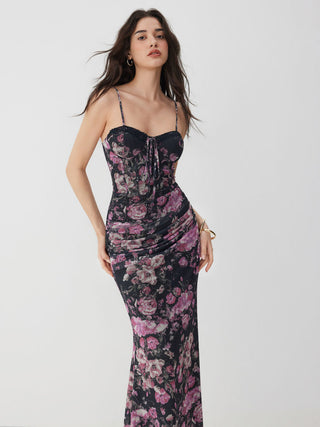 Mesh Sweetheart Neck Floral Ruched High Rise Maxi Dress