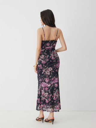 Mesh Sweetheart Neck Floral Ruched High Rise Maxi Dress